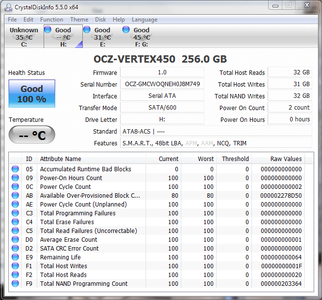 OCZ Vertex 450 Crystal Disk Info